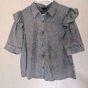 Who What Wear Demin Blouse Acid Wash Puff Sleeve Button up